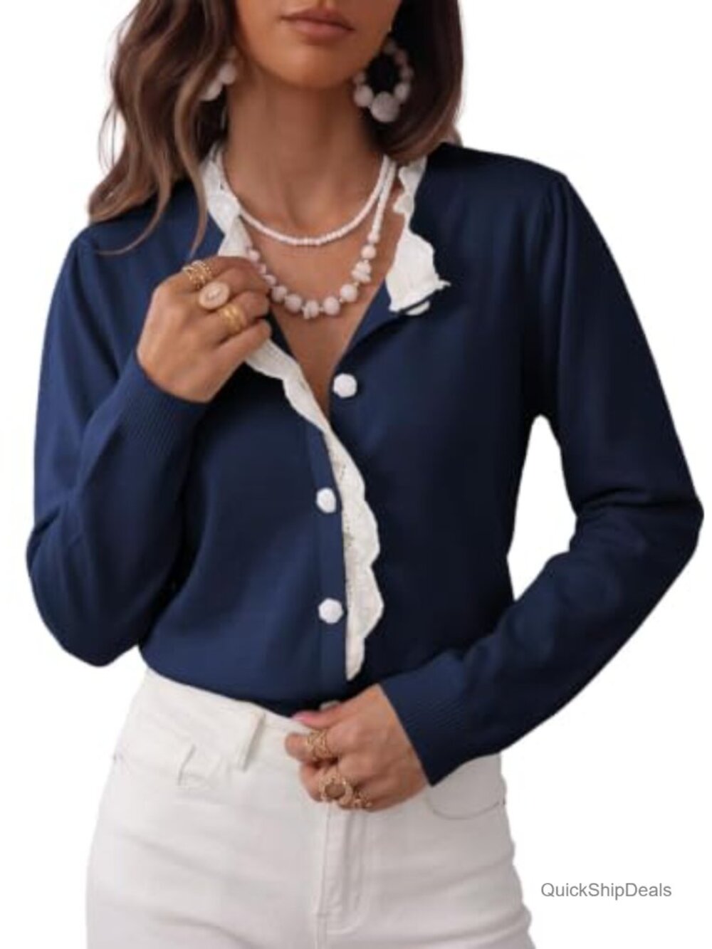 Long Sleeve Lace Trim Button Down Cardigan Sweater